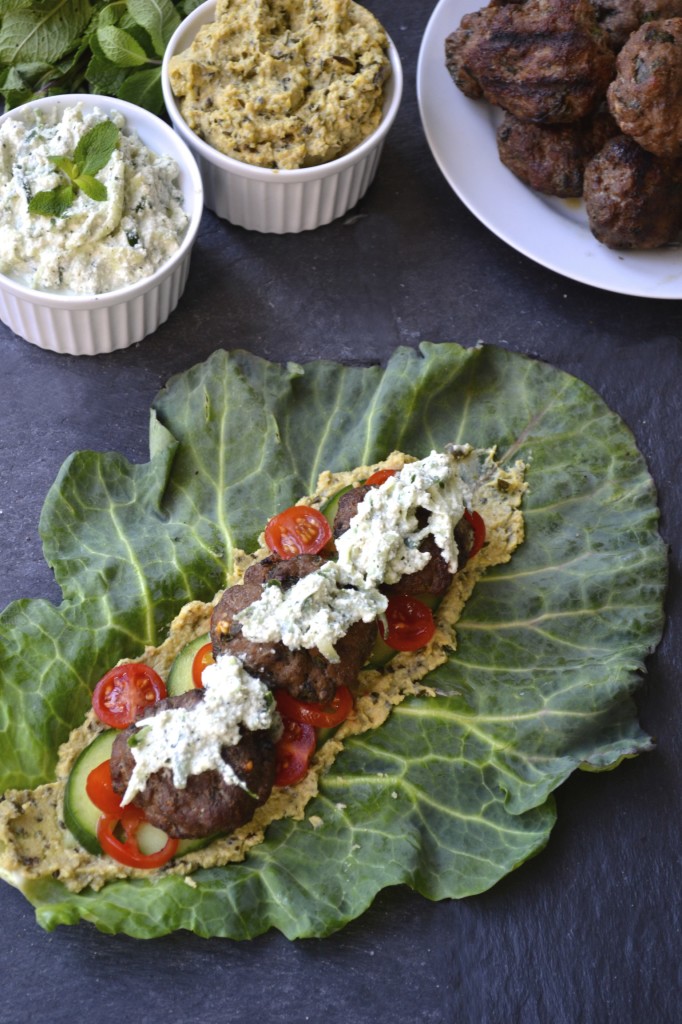 lamb collard wraps with tzatziki & hummus