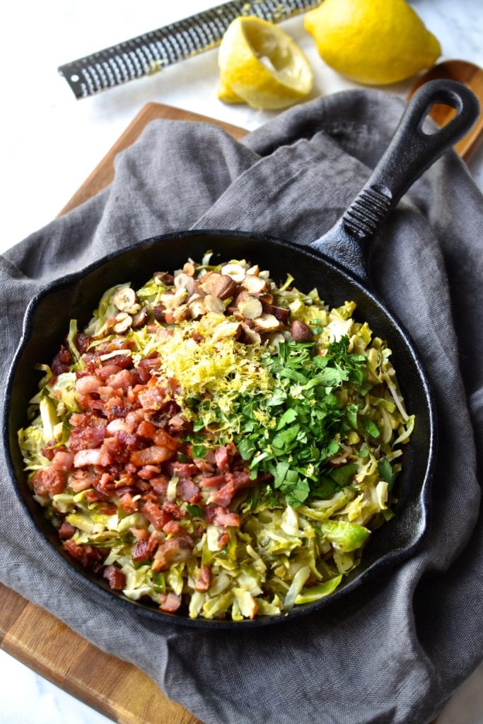 Shaved Brussel Sprouts with Bacon, Hazelnuts & Lemon | Every Last Bite Shaved Brussel Sprouts with Bacon, Hazelnuts & Lemon