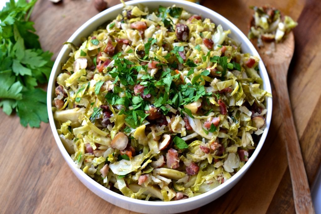 Shaved Brussel Sprouts with Bacon, Hazelnuts & Lemon | Every Last Bite Shaved Brussel Sprouts with Bacon, Hazelnuts & Lemon
