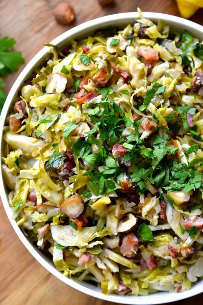 Shaved Brussel Sprouts with Bacon, Hazelnuts & Lemon | Every Last Bite Shaved Brussel Sprouts with Bacon, Hazelnuts & Lemon