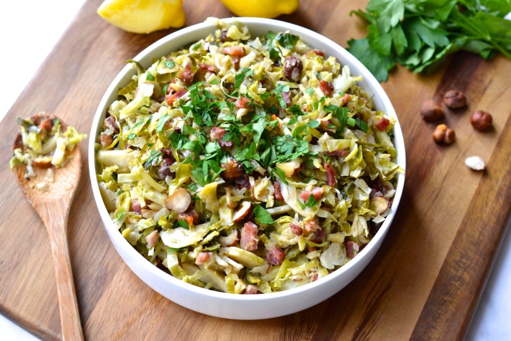 Shaved Brussel Sprouts with Bacon, Hazelnuts & Lemon | Every Last Bite