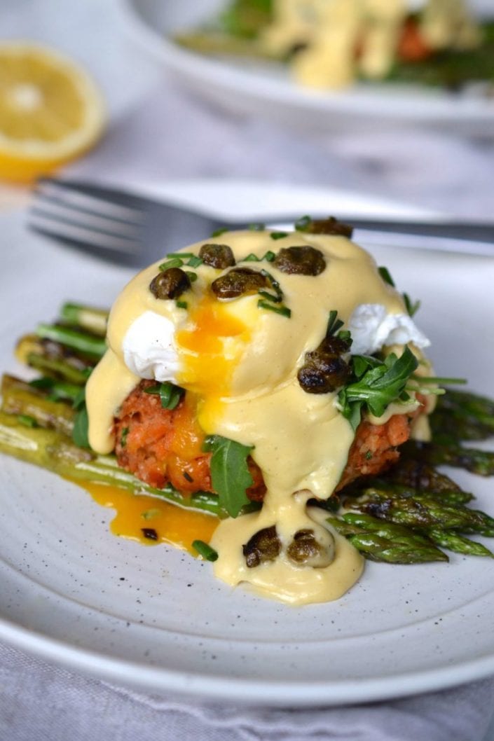 Salmon Cake Eggs Benedict with Lemon Hollandaise & Crispy Capers