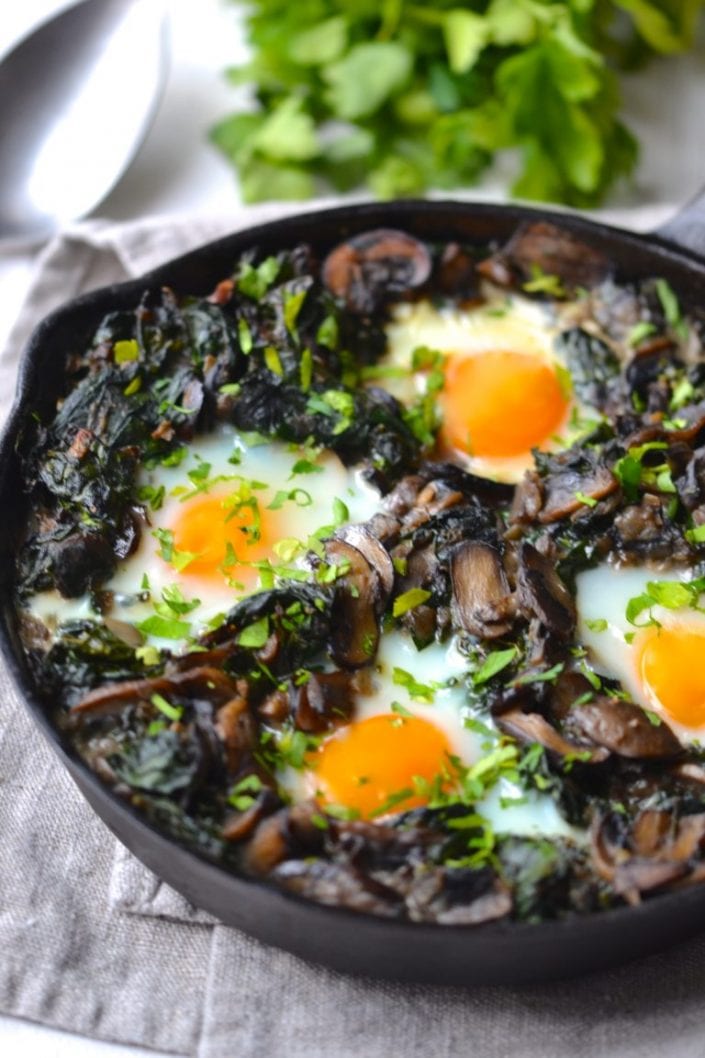 Kale, Spinach & Mushroom Baked Eggs