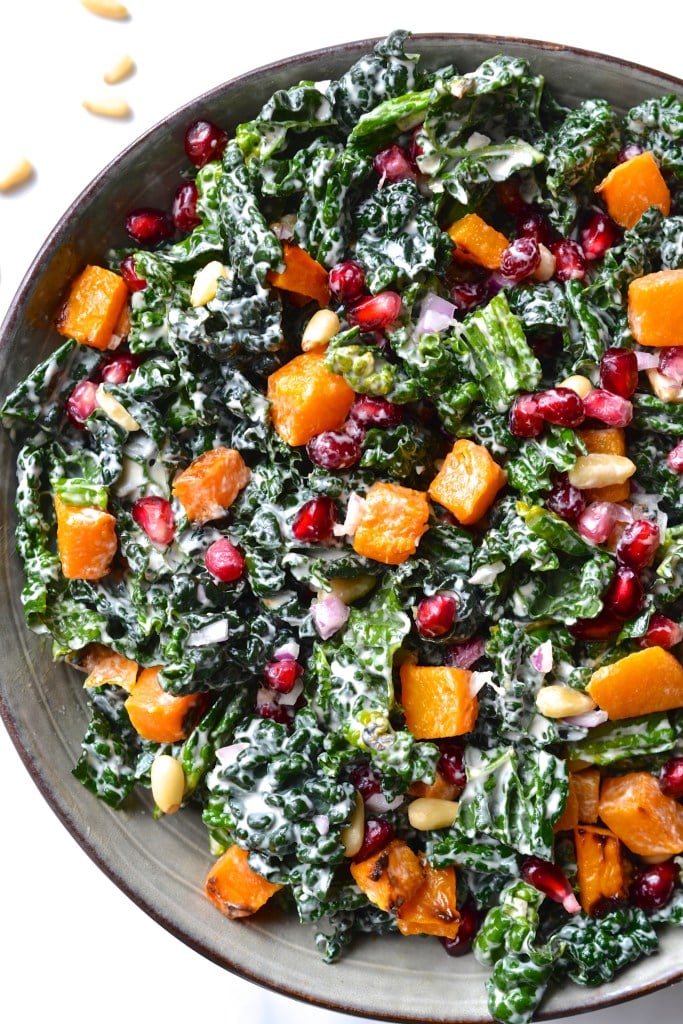 Kale, Butternut Squash & Pomegranate Salad with Lemon Tahini Dressing Every Last Bite