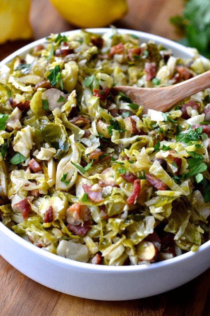 Shaved Brussel Sprouts with Bacon, Hazelnuts and Lemon