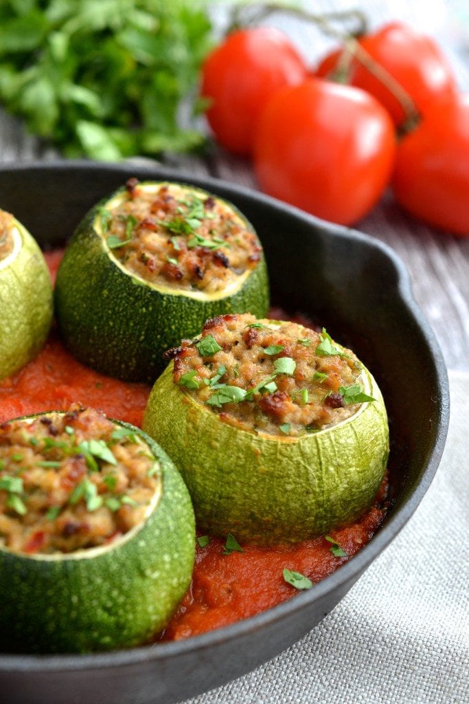 Zucchini Stuffed with Pork & Tomato Sauce