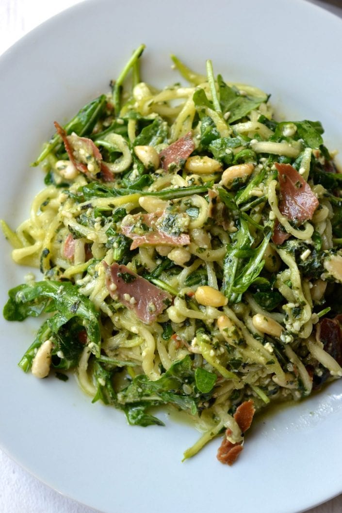 Pesto Zoodle Salad with Prosciutto & Pine Nuts