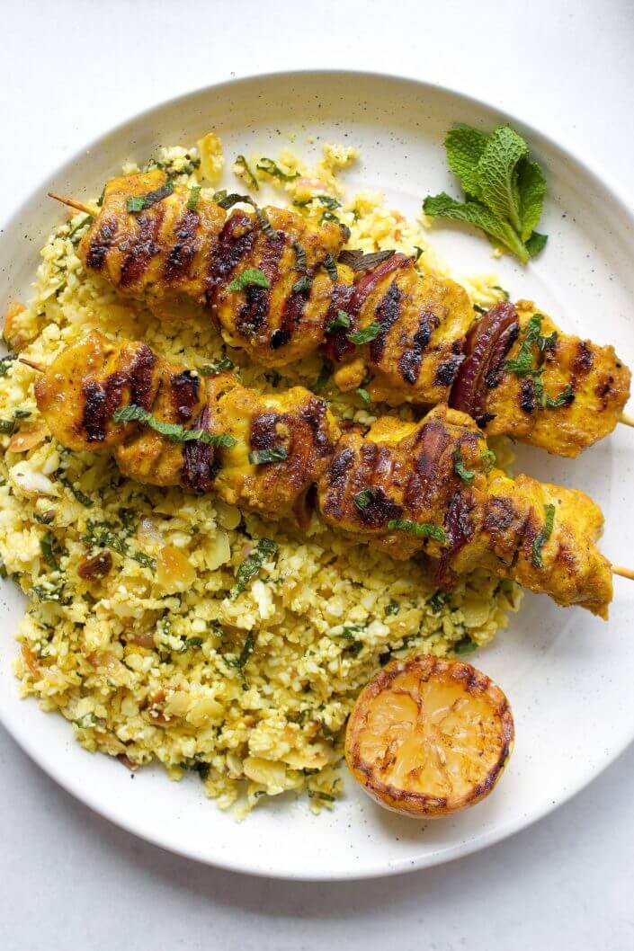 Moroccan Chicken Skewers with Cauliflower Couscous