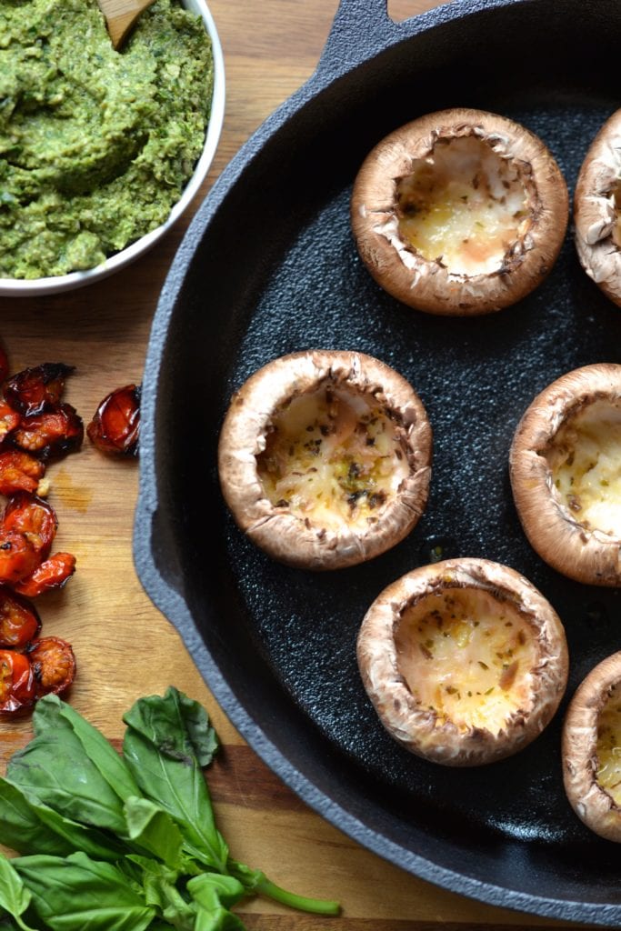 Pesto Stuffed Mushrooms | Every Last Bite Pesto & Roasted Tomato Stuffed Mushrooms
