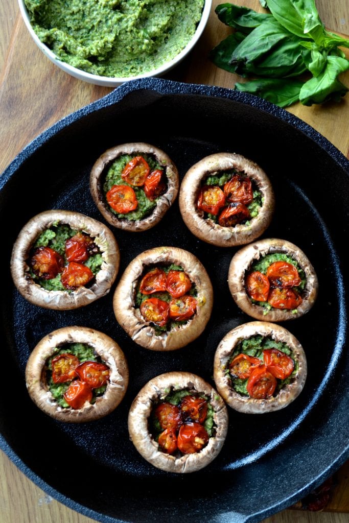 Pesto Stuffed Mushrooms | Every Last Bite Pesto & Roasted Tomato Stuffed Mushrooms