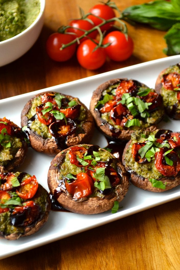 Pesto Stuffed Mushrooms | Every Last Bite Pesto & Roasted Tomato Stuffed Mushrooms