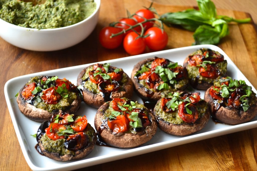 Pesto Stuffed Mushrooms | Every Last Bite Pesto & Roasted Tomato Stuffed Mushrooms