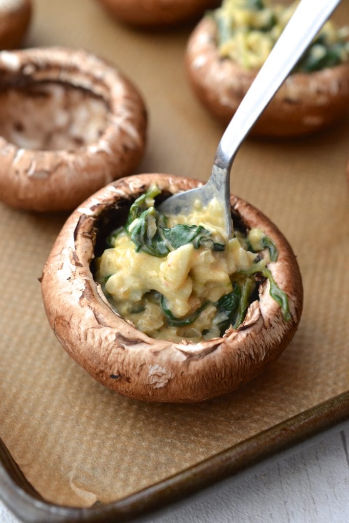 Spinach & Artichoke Stuffed Mushrooms | Every Last Bite Spinach & Artichoke Stuffed Mushrooms
