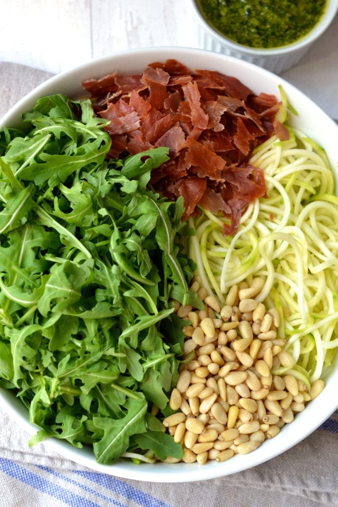 Pesto Salad with Zoodles, Pine Nuts & Prosciutto