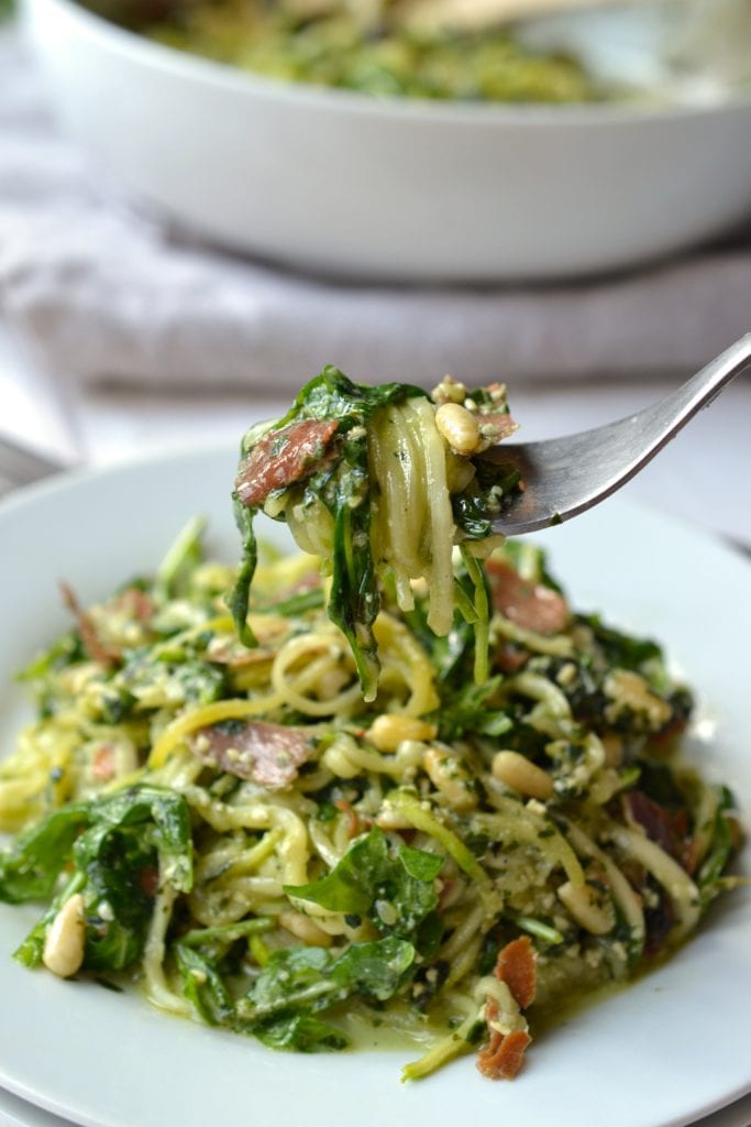 Pesto Salad with Zoodles, Pine Nuts & Prosciutto