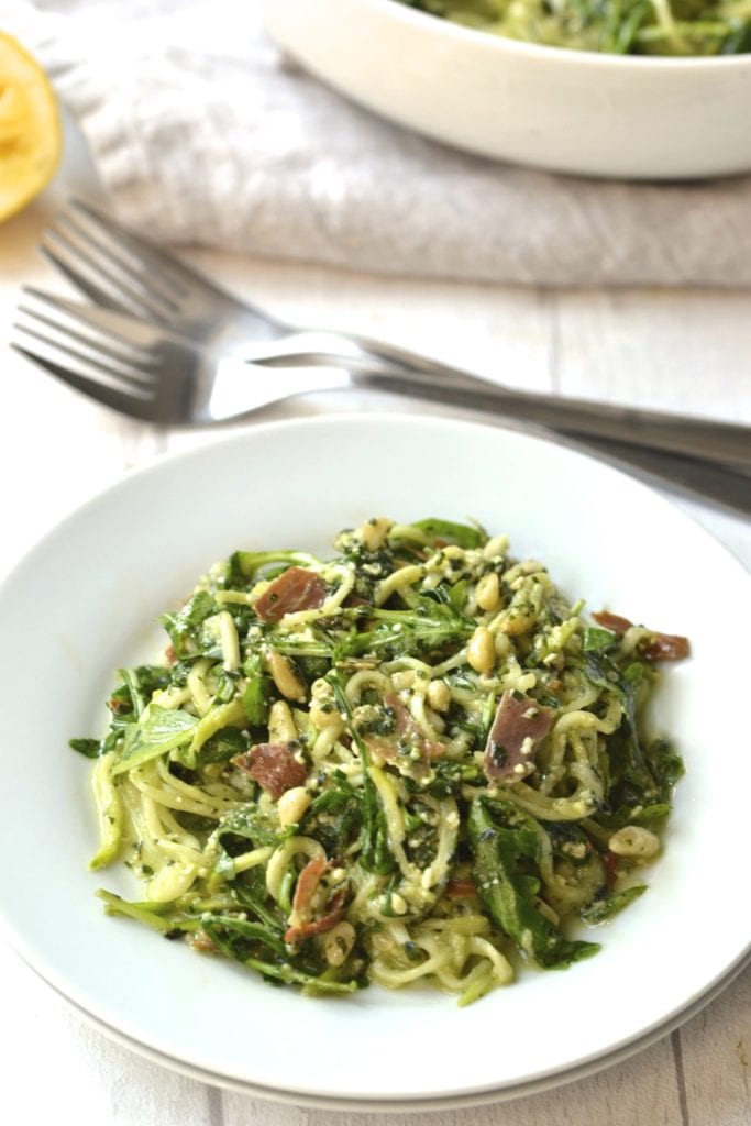 Pesto Salad with Zoodles, Pine Nuts & Prosciutto
