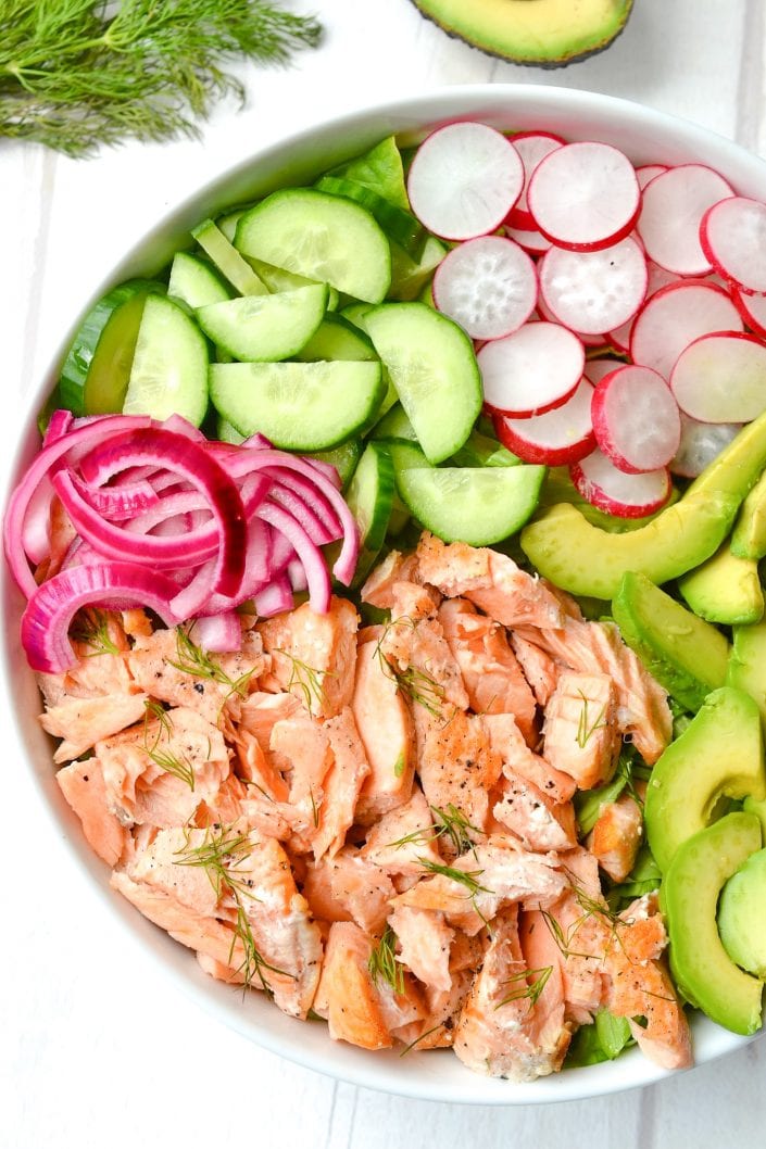 Salmon & Avocado Salad with Creamy Dill Dressing | Every Last Bite Salmon & Avocado Salad with Creamy Dill Dressing