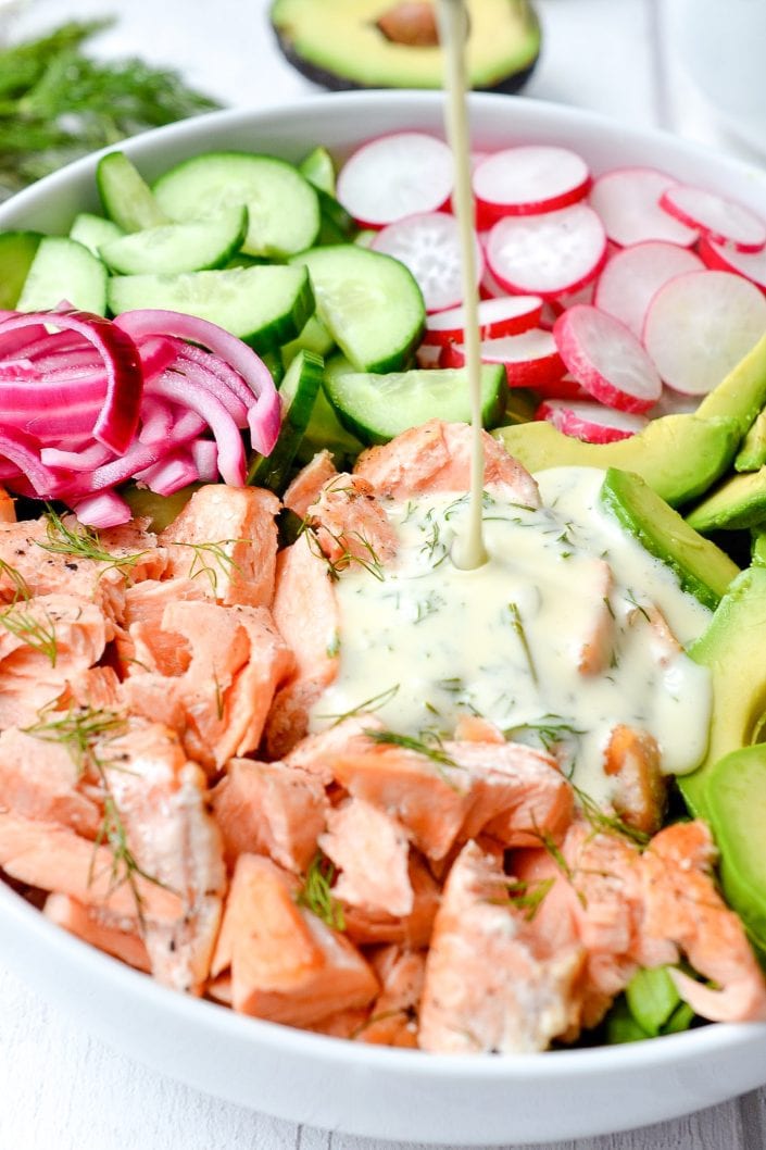 Salmon & Avocado Salad with Creamy Dill Dressing | Every Last Bite Salmon & Avocado Salad with Creamy Dill Dressing