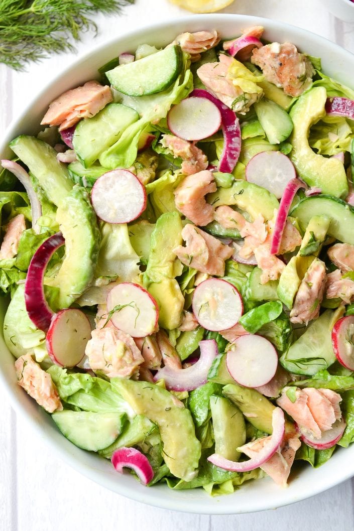 Salmon & Avocado Salad with Creamy Dill Dressing | Every Last Bite Salmon & Avocado Salad with Creamy Dill Dressing