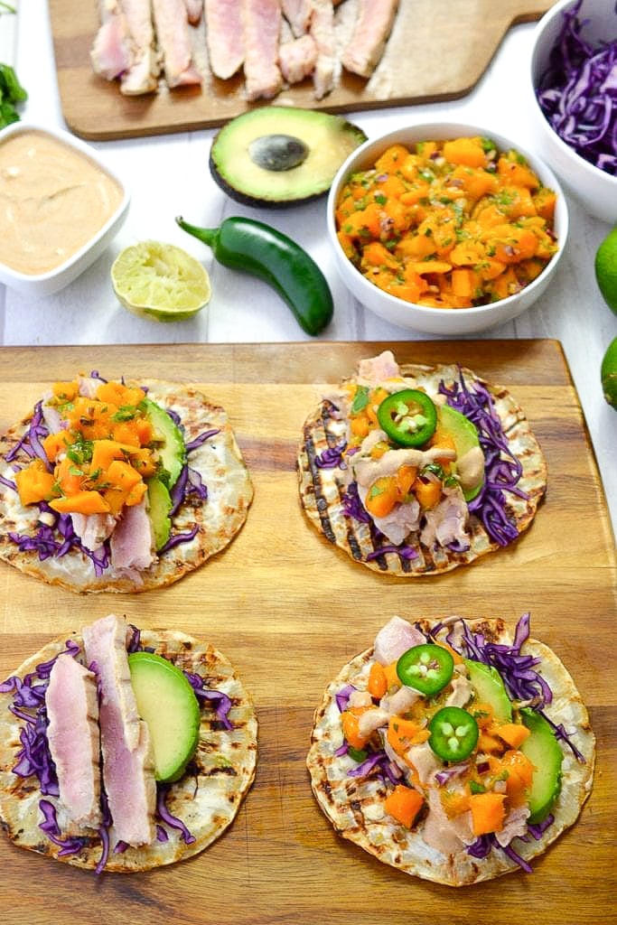 Seared Tuna Tacos with Mango Jalapeno Salsa | Every Last Bite Seared Tuna Tacos with Mango Jalapeno Salsa