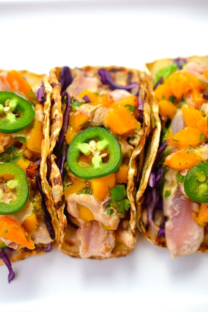 Seared Tuna Tacos with Mango Jalapeno Salsa | Every Last Bite Seared Tuna Tacos with Mango Jalapeno Salsa
