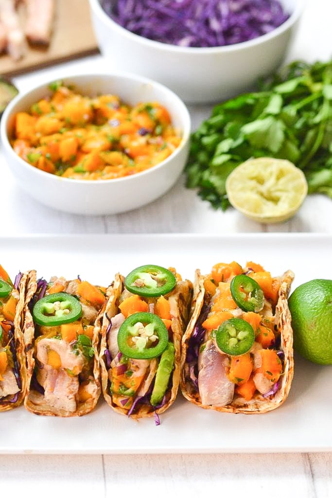 Seared Tuna Tacos with Mango Jalapeno Salsa | Every Last Bite Seared Tuna Tacos with Mango Jalapeno Salsa