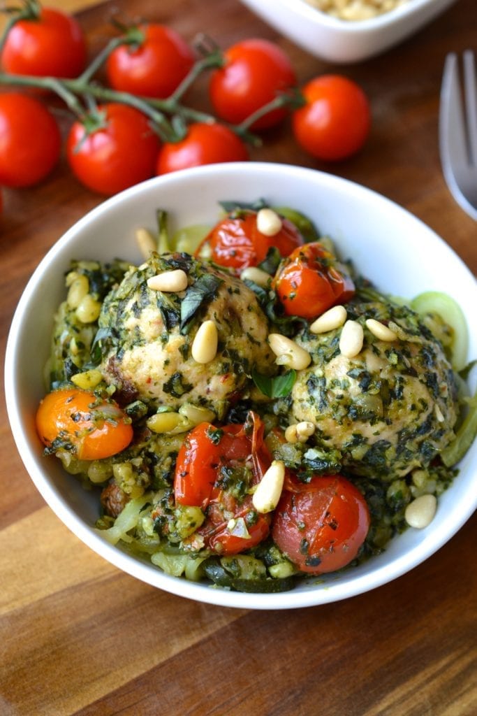 Sundried Tomato & Basil Chicken Meatballs in a Chunky Pesto Sauce | Every Last Bite
