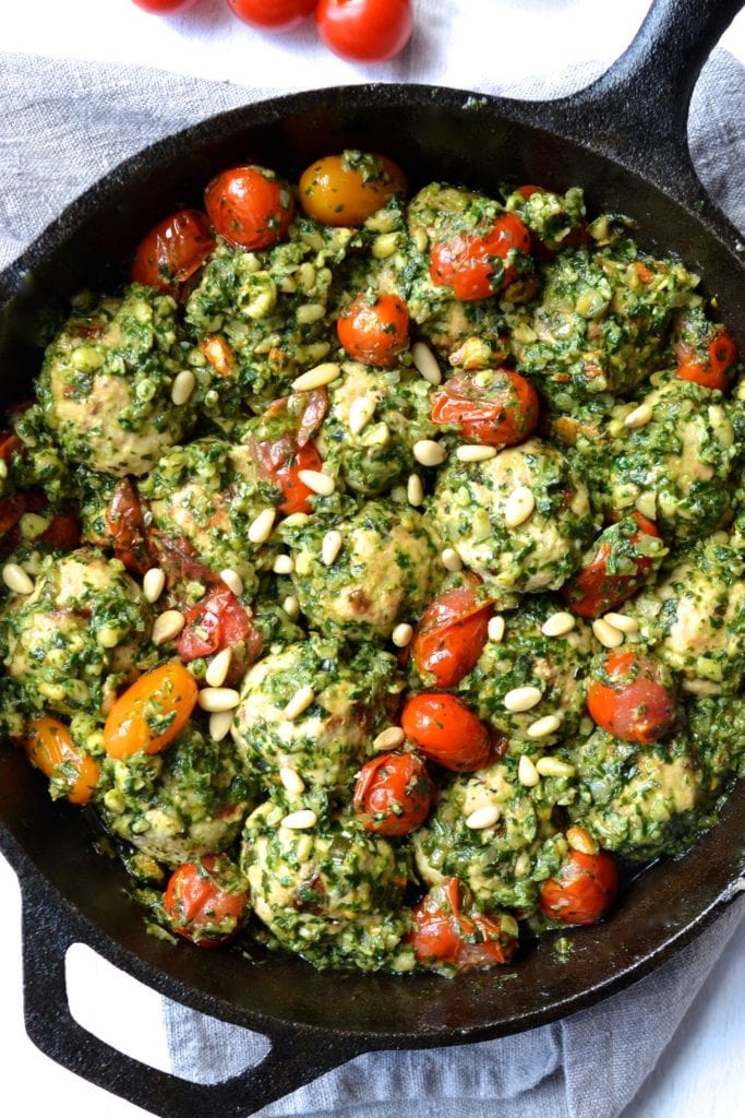 Sundried Tomato & Basil Chicken Meatballs in a Chunky Pesto Sauce | Every Last Bite Sundried Tomato & Basil Chicken Meatballs in a Chunky Pesto Sauce