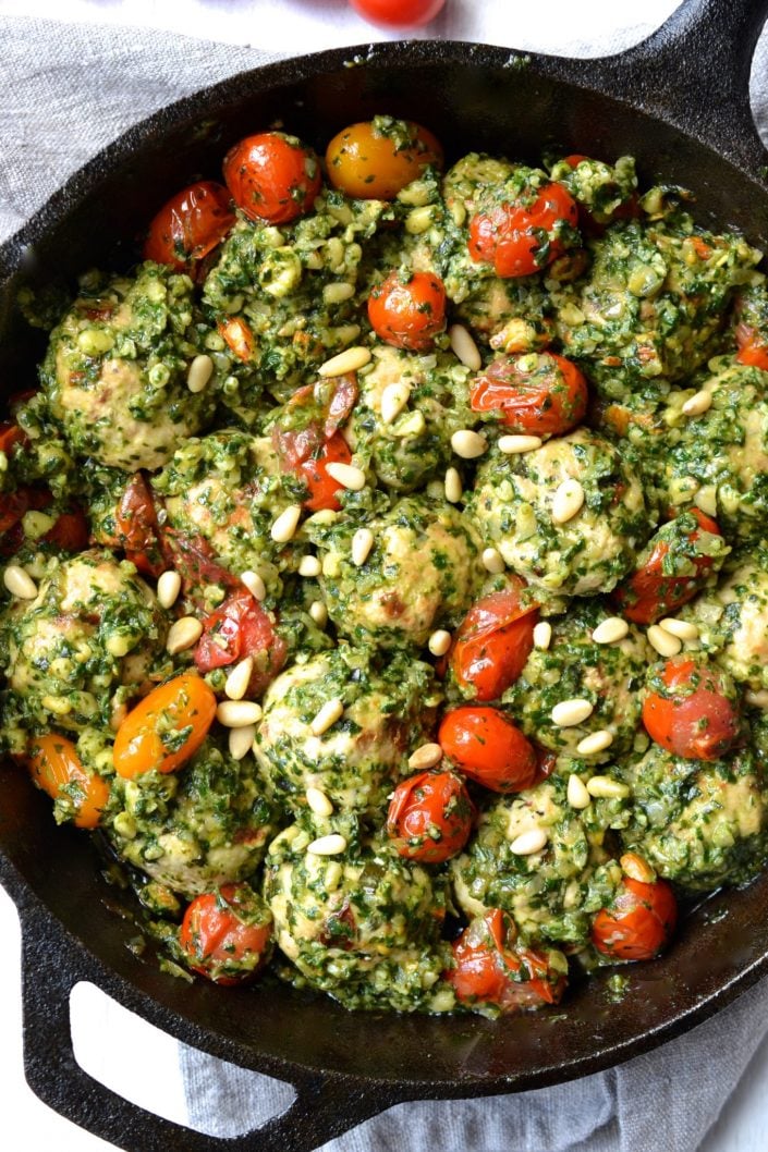 Sundried Tomato & Basil Chicken Meatballs in a Chunky Pesto Sauce | Every Last Bite Sundried Tomato & Basil Chicken Meatballs in Pesto