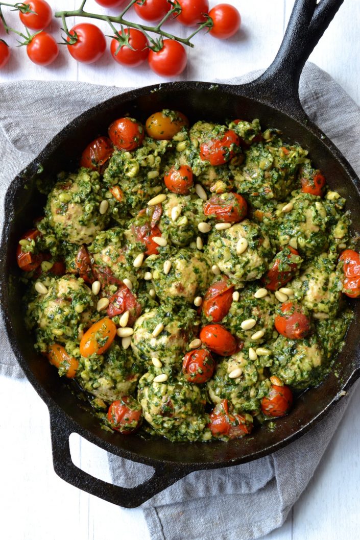 Sundried Tomato & Basil Chicken Meatballs in a Chunky Pesto Sauce | Every Last Bite Sundried Tomato & Basil Chicken Meatballs in a Chunky Pesto Sauce