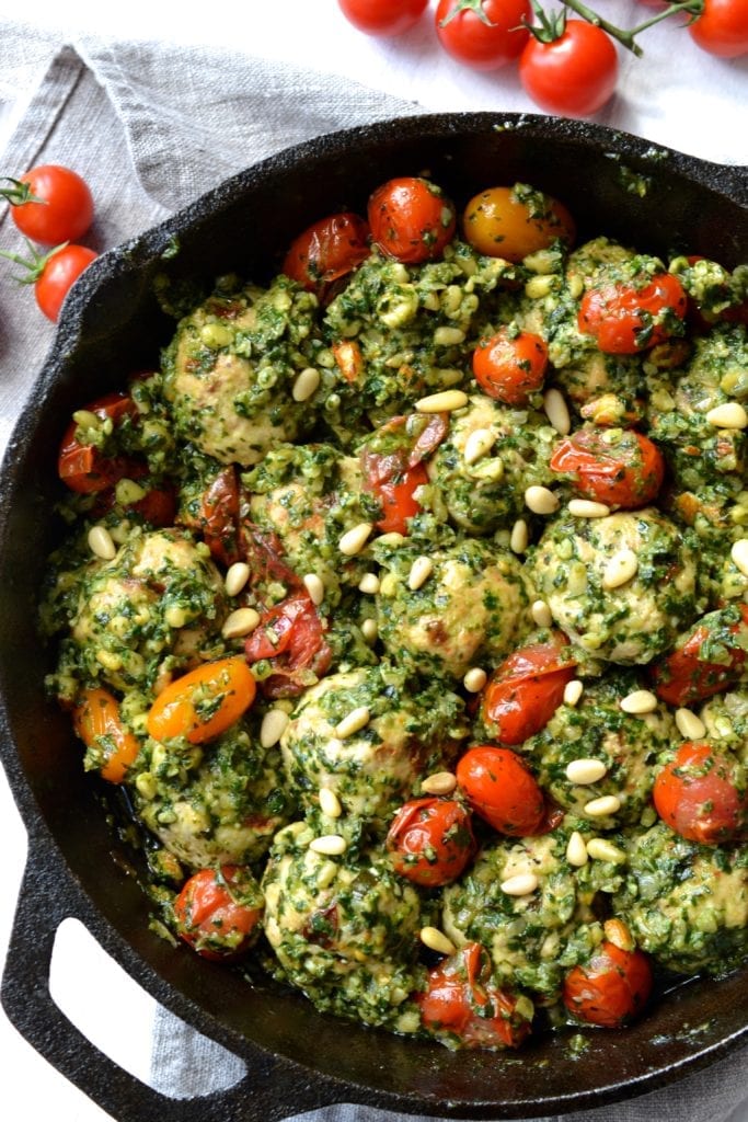 Sundried Tomato & Basil Chicken Meatballs in a Chunky Pesto Sauce | Every Last Bite Sundried Tomato & Basil Chicken Meatballs in a Chunky Pesto Sauce