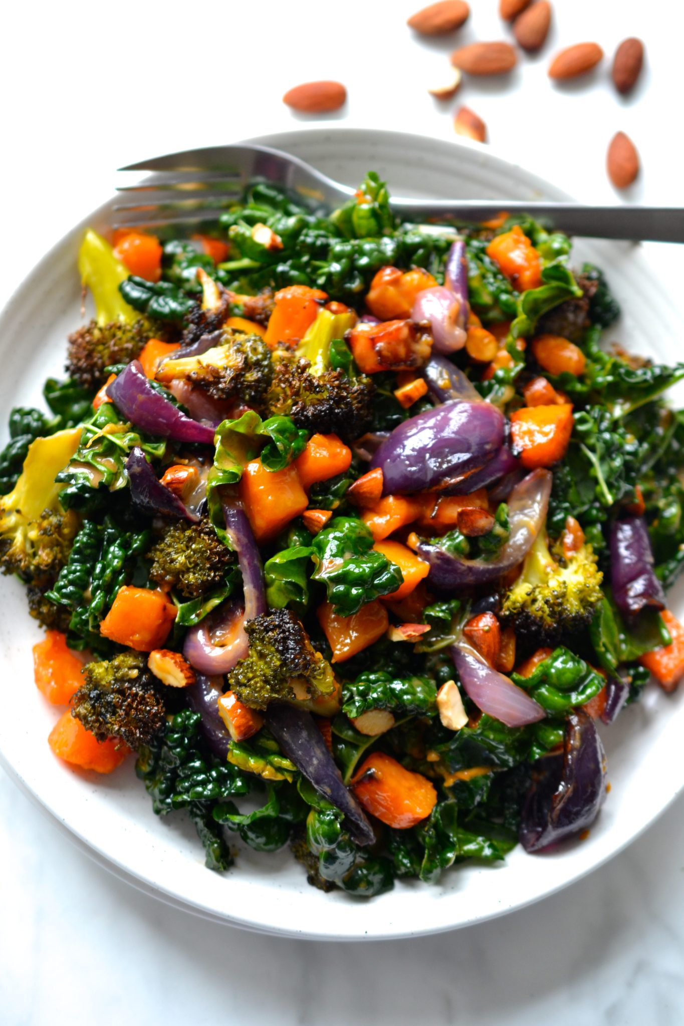 Butternut Squash Broccoli Kale Salad With Roasted Garlic Dressing Every Last Bite