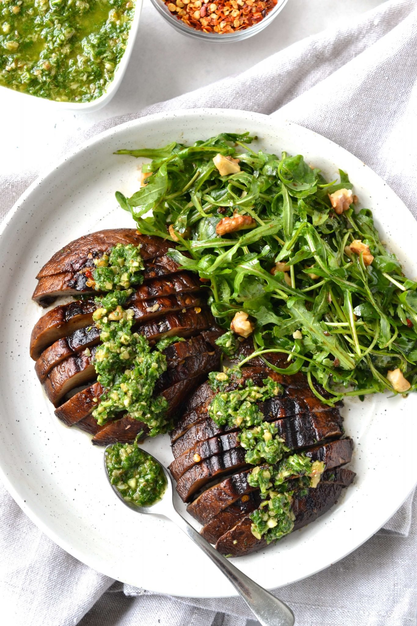 Grilled Portobello Mushrooms with Walnut Arugula - Every Last Bite