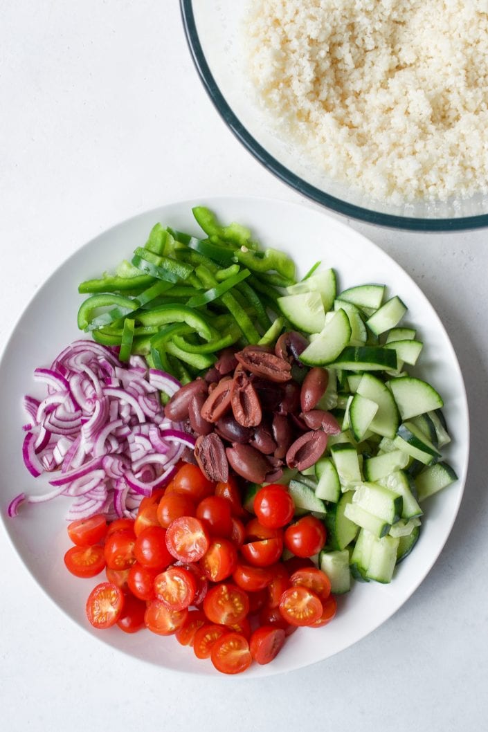 Greek Salad with Cauliflower Rice | Every Last Bite Greek Salad with Cauliflower Rice