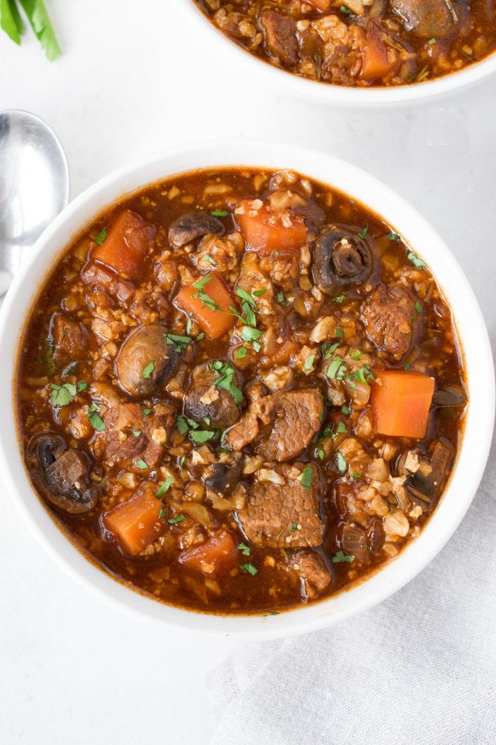 Beef & "Barley" Soup | Every Last Bite Whole30 Beef & Barley Soup