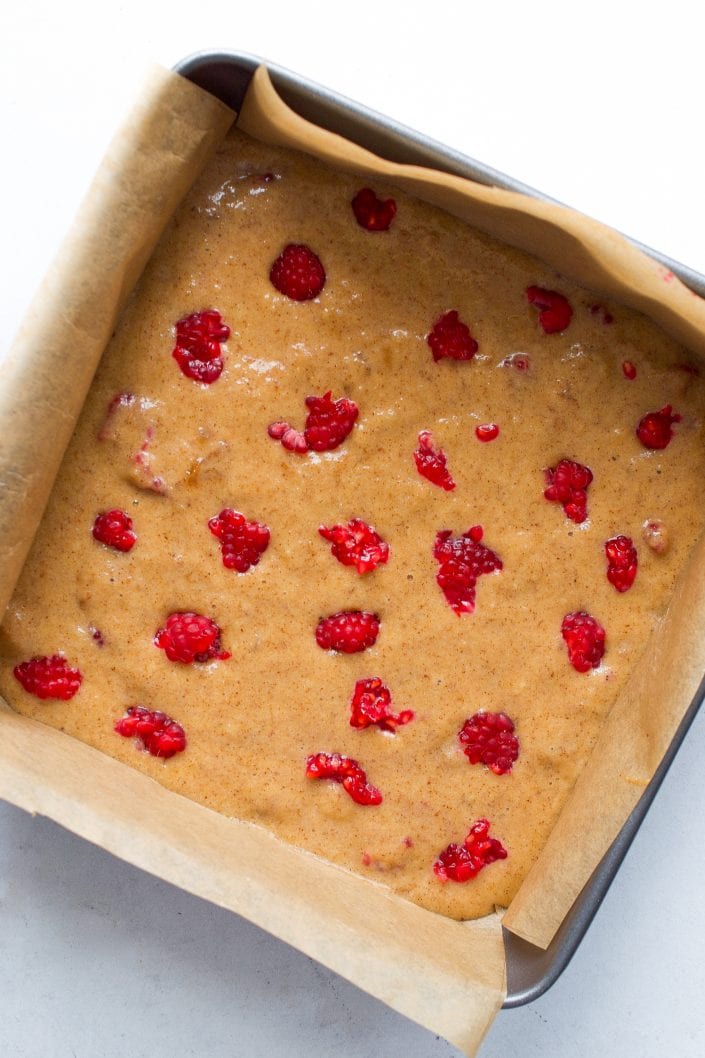 Banana, Almond Butter & Raspberry Muffin Bars 
