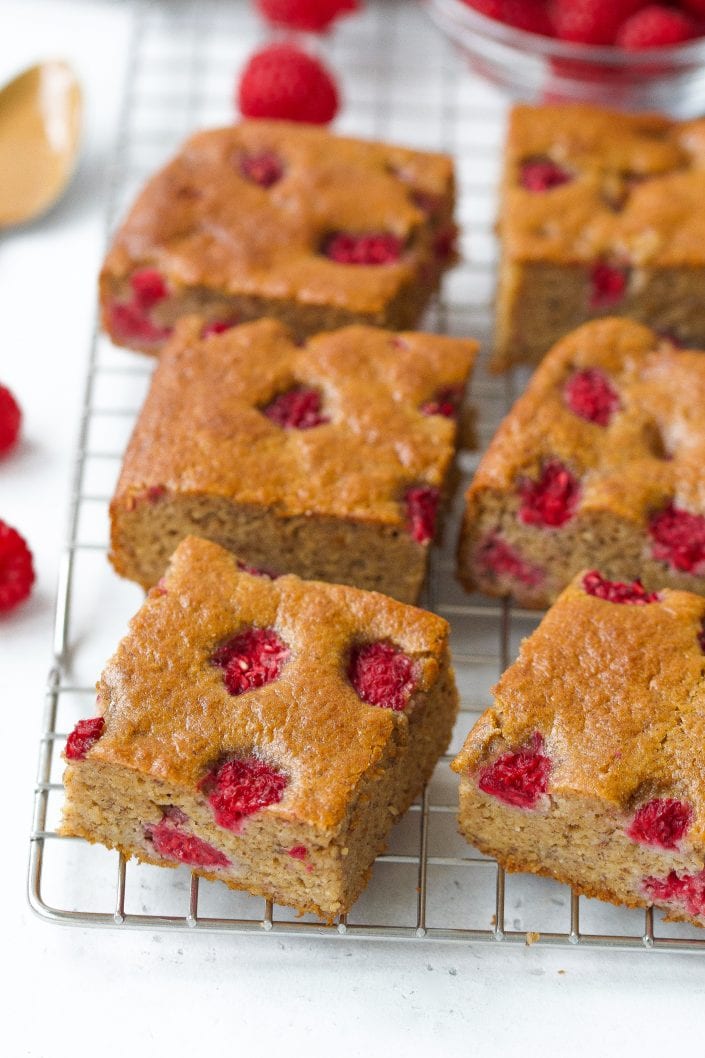 Banana, Almond Butter & Raspberry Muffin Bars