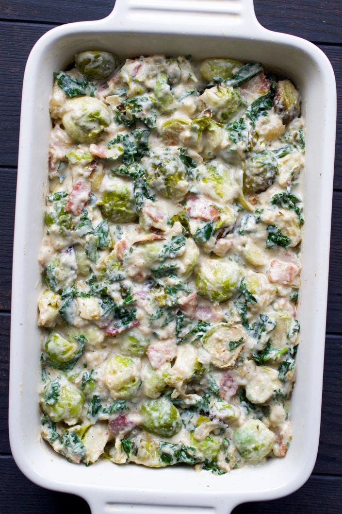 Brussels Sprout, Bacon & Kale Gratin | Every Last Bite Vegan Brussels Sprout Gratin