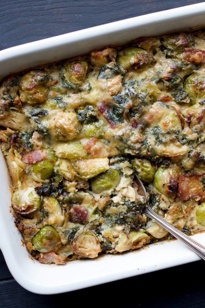 Brussels Sprout, Bacon & Kale Gratin | Every Last Bite Vegan Brussels Sprout Gratin