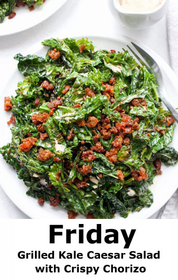 Grilled Kale Caesar Salad with Crispy Chorizo