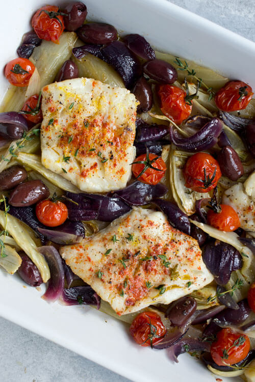 Sheet Pan Roasted Cod with Fennel, Olives, Red Onion & Tomatoes