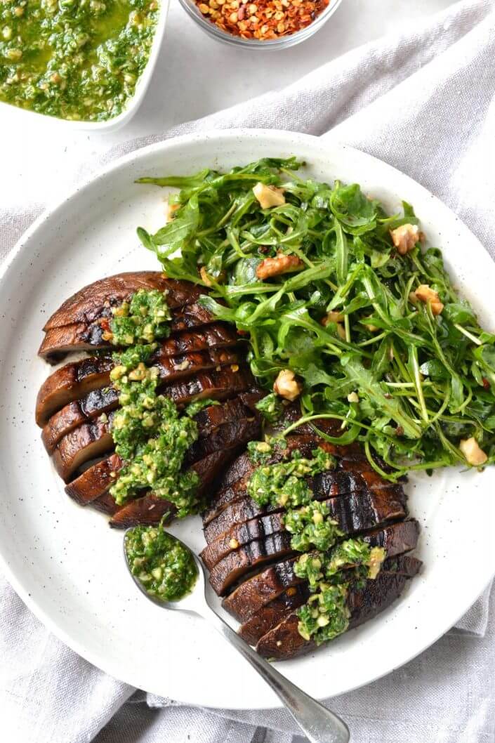 Grilled Portobello Mushrooms with Walnut Arugula Pesto