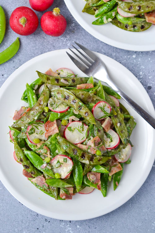 Charred Snap Pea & Bacon Salad with Creamy Herb Dressing