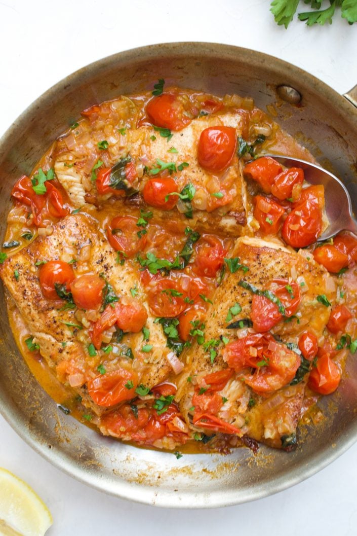 Mahi Mahi with Tomato Lemon Sauce | Every Last Bite Mahi Mahi Recipe