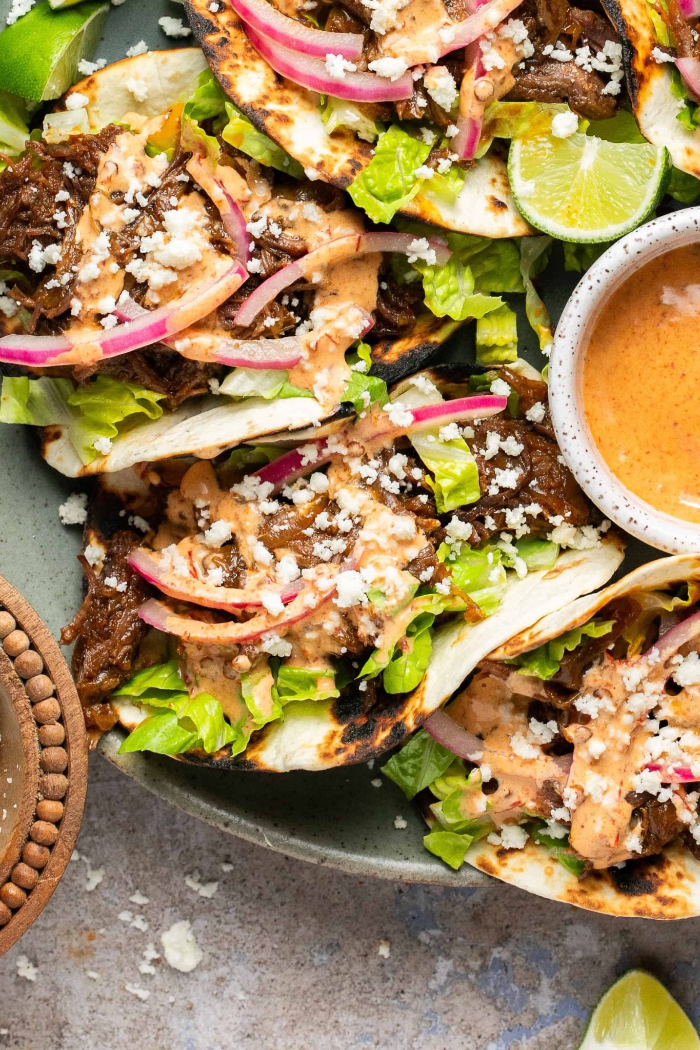 Shredded Beef Tacos with Chipotle Honey Sauce | Every Last Bite Shredded Beef Tacos