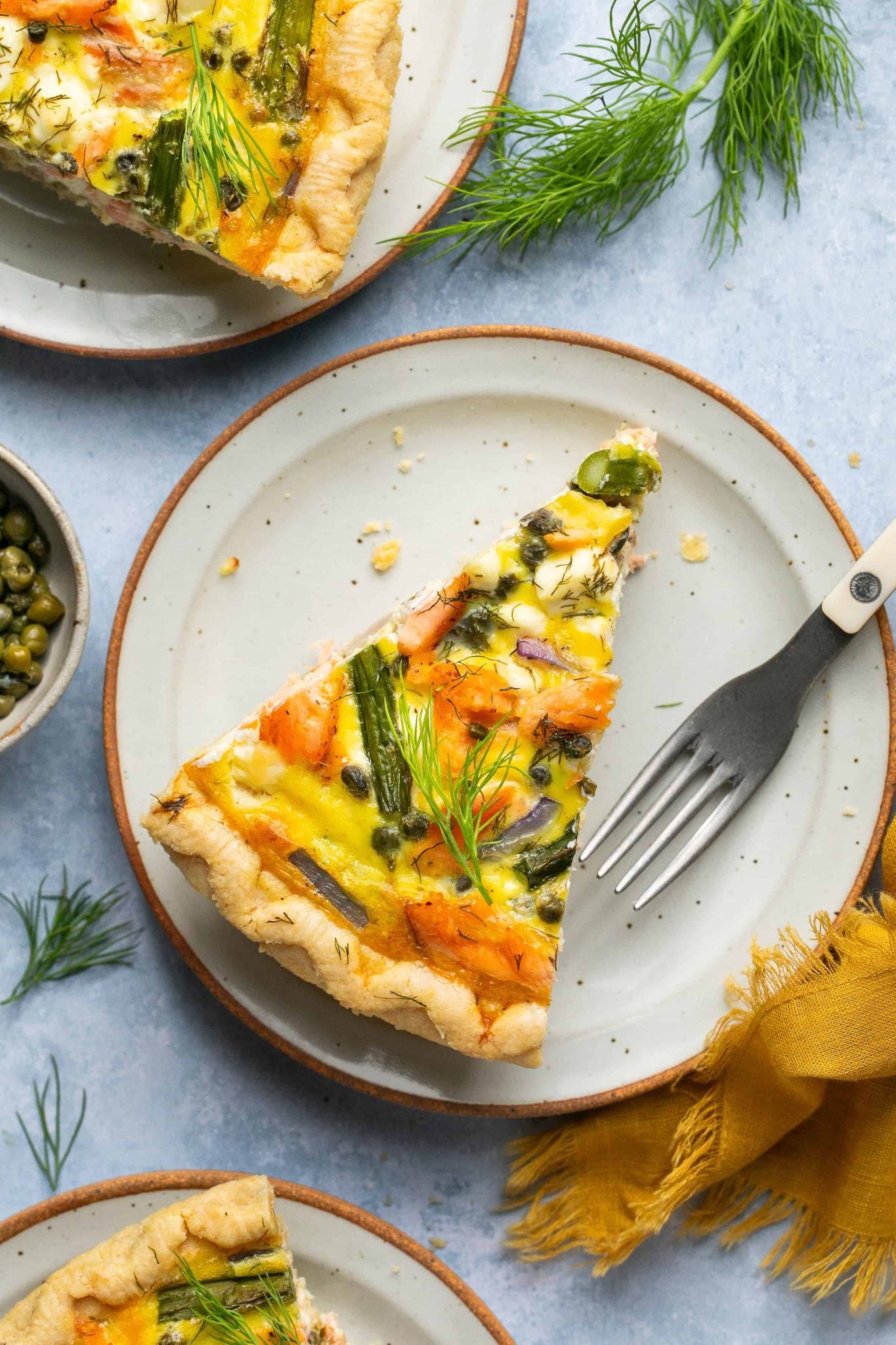 Salmon Quiche with Capers, Asparagus & Feta 
