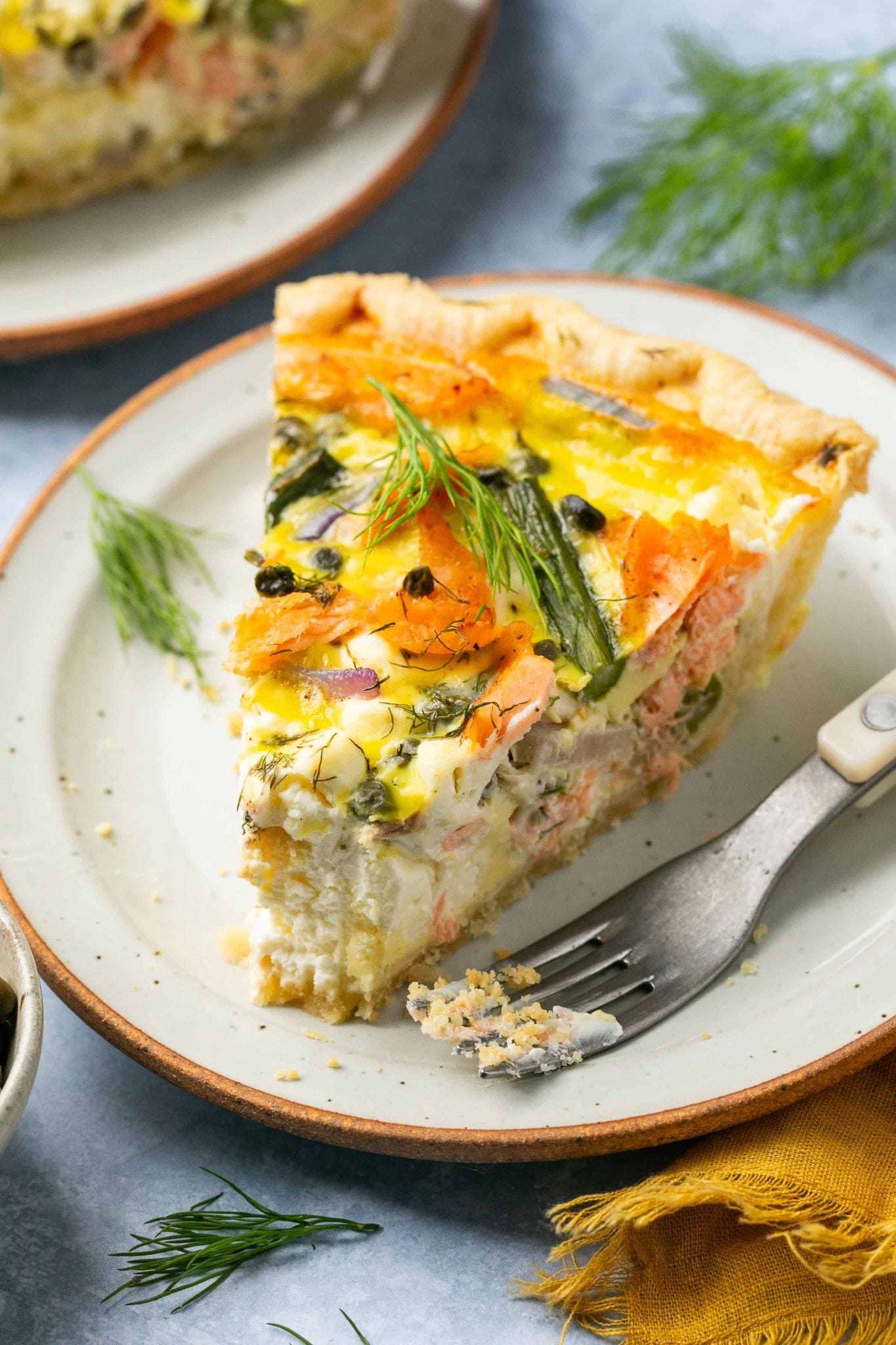 Salmon Quiche with Capers, Asparagus & Feta 