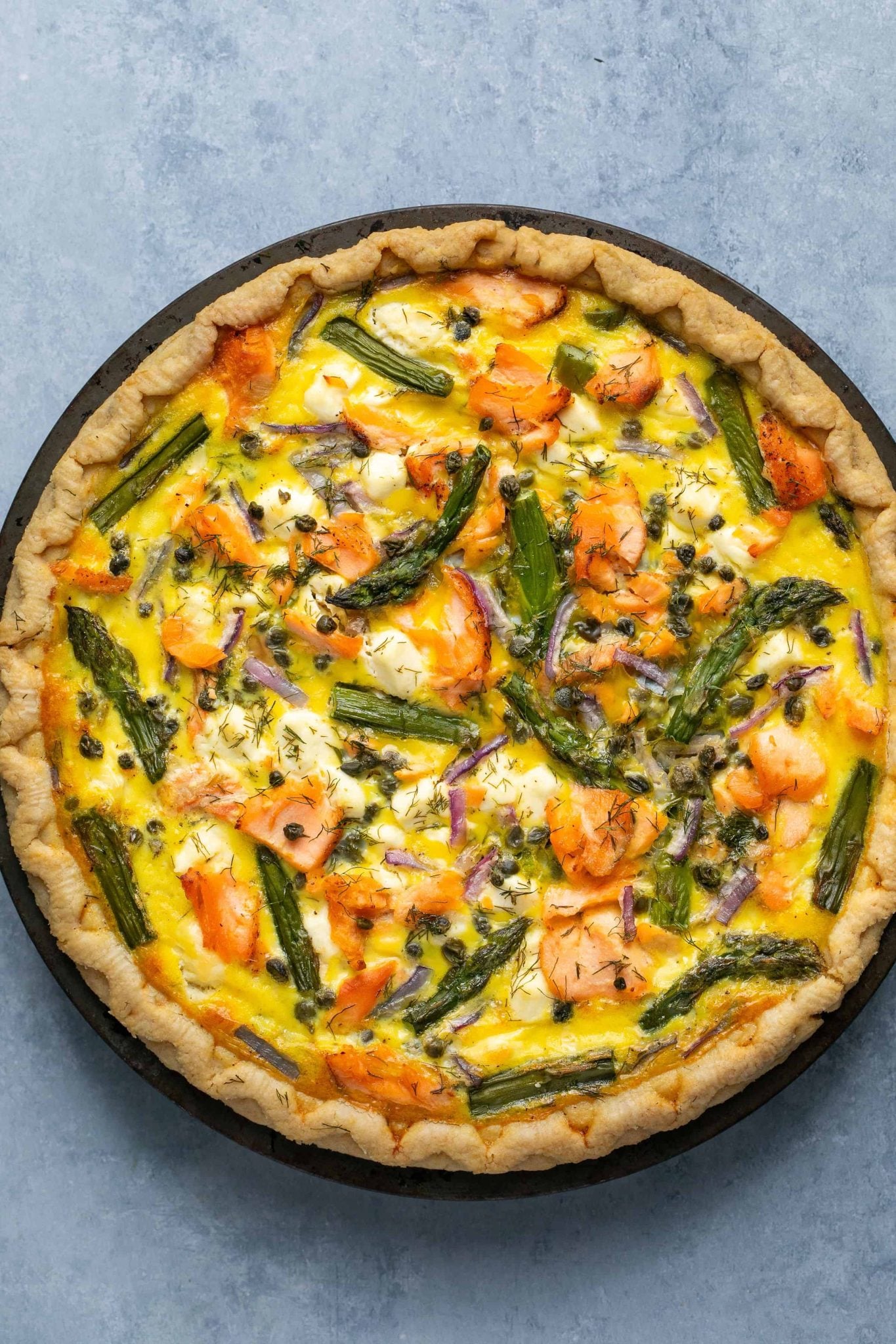 Salmon Quiche with Capers, Asparagus & Feta 