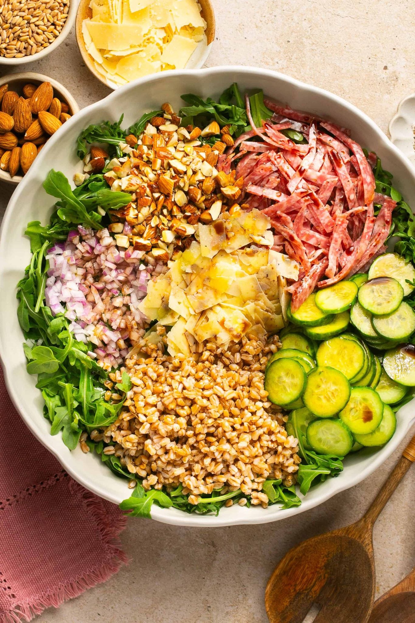 Farro, Arugula, Salami & Almond Salad | Every Last Bite Farro Salad