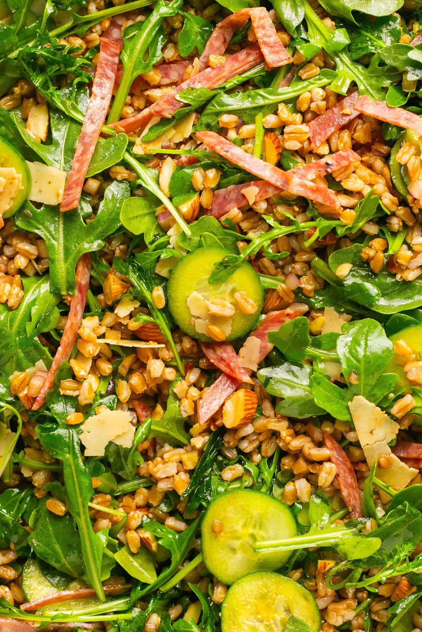 Farro, Arugula, Salami & Almond Salad | Every Last Bite Farro Salad